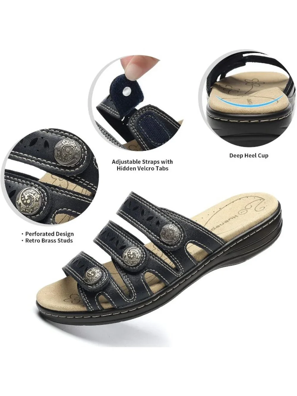 Women's Comfort Leather Slides Flat Sandals Navy Slip On Casual Walking Slippers
